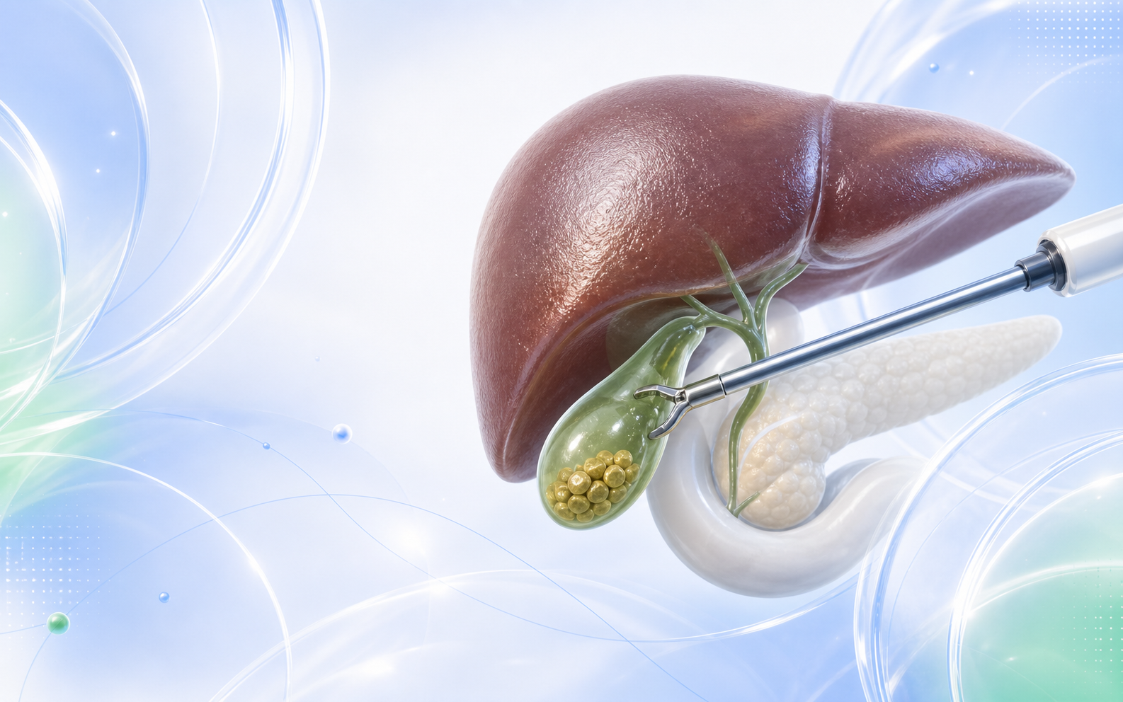 Medical illustration of gallbladder and gallstones